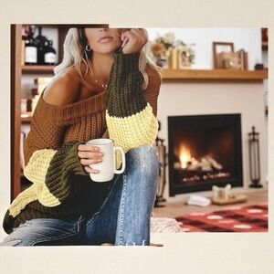 Maisolly Women’s Off-the-Shoulder Color Block Pullover Sweater – Size M,